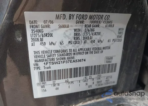 2007 Ford F-250 Lariat/Xl/Xlt z USA, uszkodzony, nr VIN 1FTSW21P37EA53674